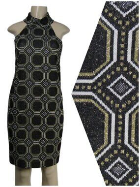 TRINA TURK Halter Mod MCM Resort Cocktail Geometric Metallic Retro Shift Dress 4